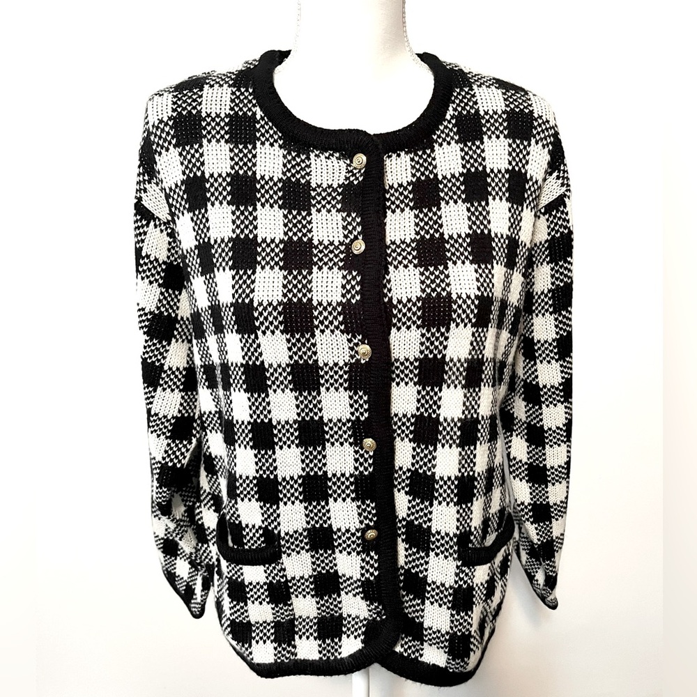 NWT Crystal Kobe Vintage Sweater Cardigan Black & White Check Gold Buttons Sz M